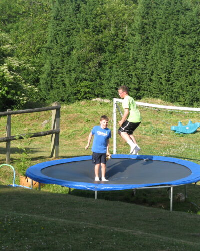 Two kids jumping on a backyard trampoline.