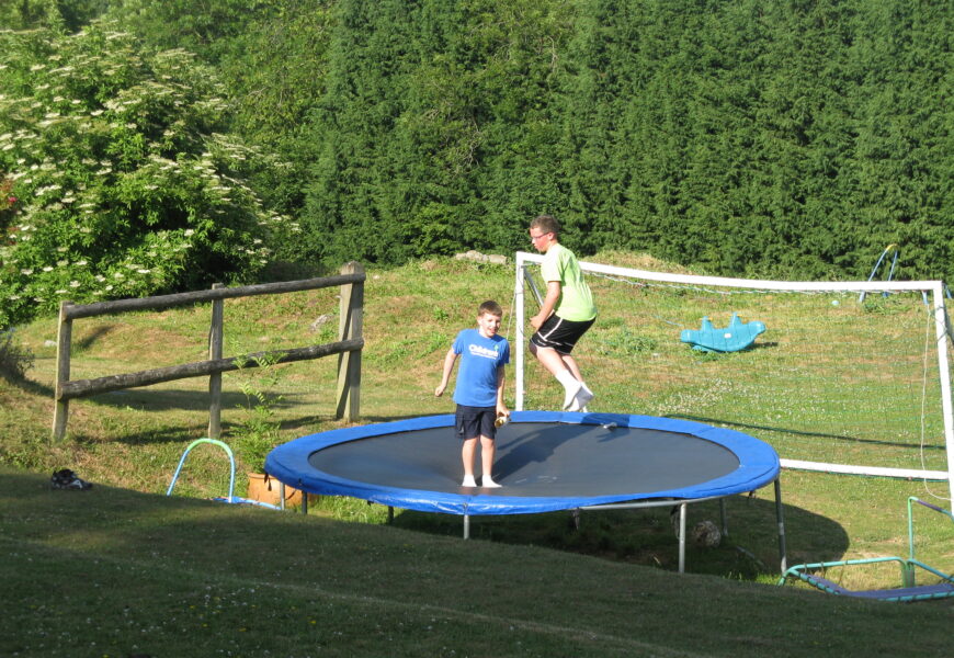 Two kids jumping on a backyard trampoline.