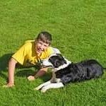 Boy playing with dog on grass lawn.