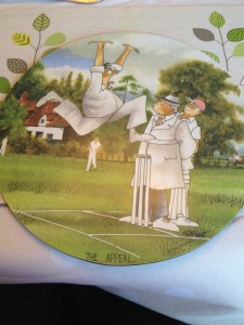 We've had dinner with the Wallaces two nights and Alex loves the cricket-themed place mats. He took photos of all of them and this was his favorite. Andrew played cricket when he was younger and was watching the England vs. India test match today.
